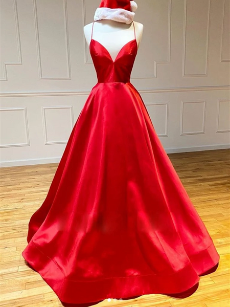 Red V Neck Backless Long Prom Dresses, Red Open Back Formal Graduation Evening Dresses