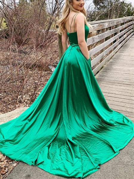 V Neck Backless Green Satin Long Prom Dresses 2020 with Leg Slit, Open Back Green Formal Graduation Evening Dresses