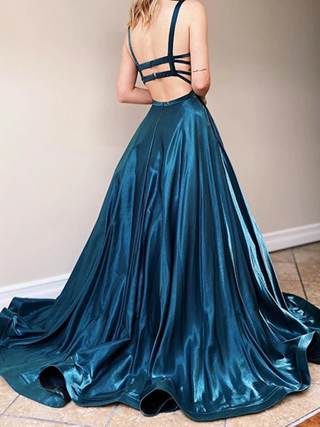 Dark Emerald Green Backless  Long Prom Dresses, Dark Emerald Green Long Formal Evening Dresses