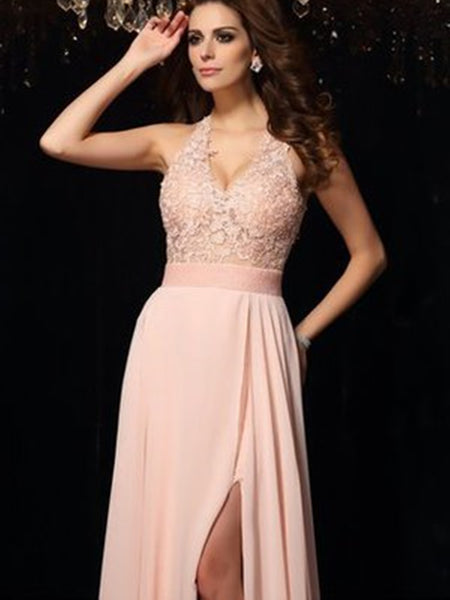 A- line v neck lace chiffon long prom dress,  v neck lace chiffon formal evening dress