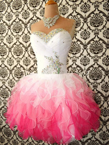 Sweetheart Neck White and Pink Short Prom Dress, Prom Gown, Short Graduation Dress, Homecoming Dress