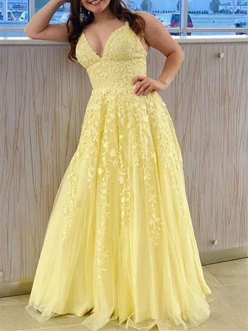 A Line V Neck Backless Yellow Lace Long Prom Dresses, Yellow Lace Formal Graduation Evening Dresses