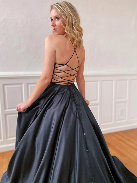 A Line V Neck Black Backless Satin Prom Dresses, Open Back V Neck Black Long Satin Formal Evening Dresses