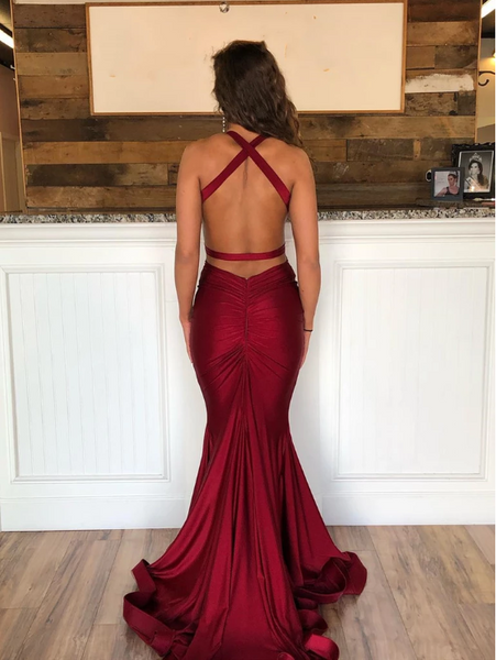 Burgundy Backless Mermaid Long Prom Dresses, Burgundy Mermaid Backless Formal  Evening Graduation Dresses