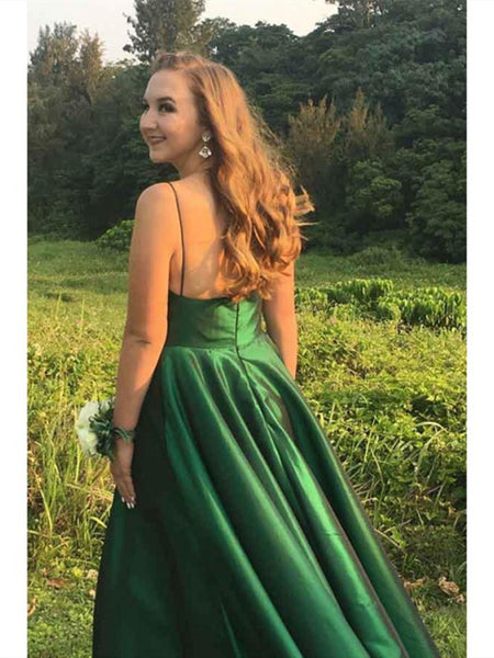 V Neck A Line Spaghetti Straps Satin Long  Prom Dress with Pockets, Emerald Green Satin Long Formal Evening Dresses