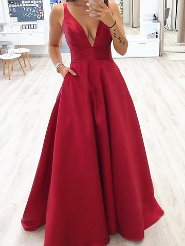 Simple V Neck Burgundy Long Prom Dresses, Burgundy V Neck Formal Evening Graduation Dresses