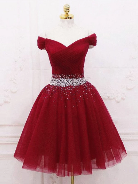 Off Shoulder Burgundy Short Prom Dresses,  Burgundy Off the Shoulder Short Formal Homecoming Dresses