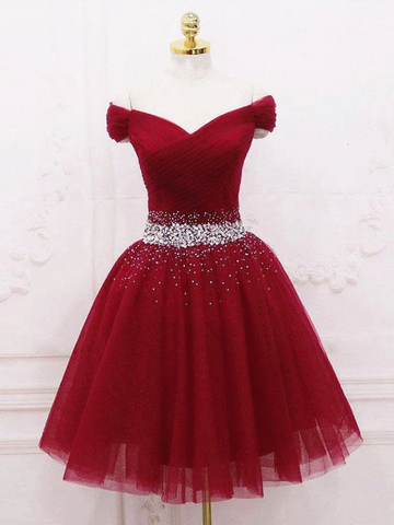 Off Shoulder Burgundy Short Prom Dresses,  Burgundy Off the Shoulder Short Formal Homecoming Dresses