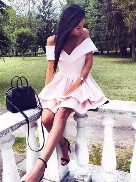 Off the Shoulder Short Pink Prom Dresses, Short Off Shoulder Pink Formal Graduation Dresses