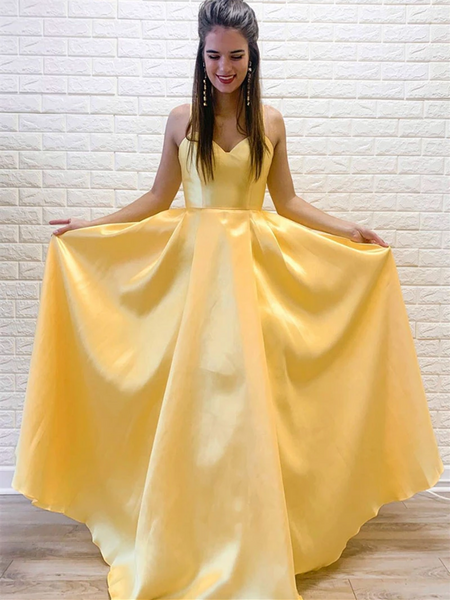 A Line V Neck Yellow Satin Long Prom Dresses, A Line V Neck Yellow Satin Long Formal Evening Dresses