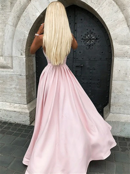 V-neck Pink Spaghetti Straps Split Formal Prom Dress, V-neck Pink Spaghetti Straps Evening Dress