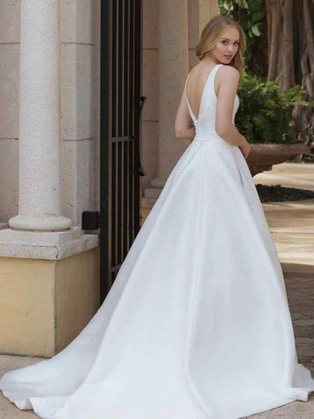 V Neck Open Back White Satin Long Prom Dresses, V Neck White Formal  Evening Dresses