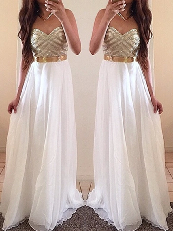 Custom Made A Line Sweetheart Neck Floor Length White Long Chiffon Prom Dresses, White Formal Dresses