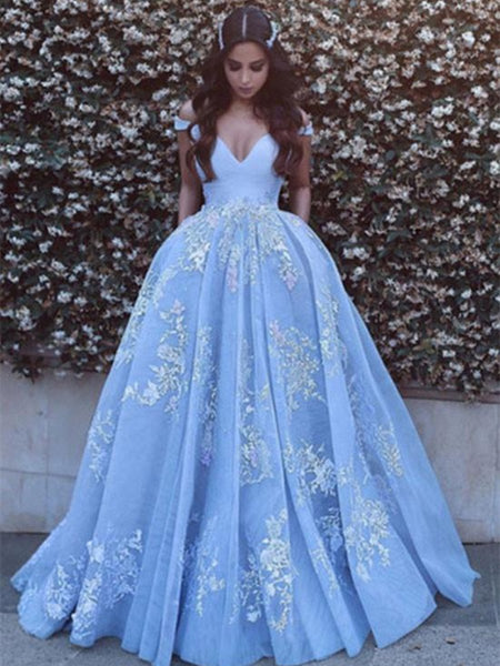 Off Shoulder Light Blue Prom Dress with Lace Applique, Prom Gown, Light Blue Formal Dress