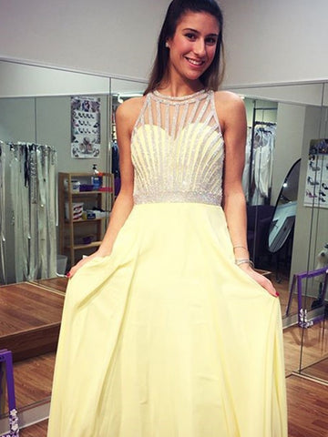 A Line Chiffon Round Neck Yellow Beading Prom Dress , Yellow Beading Formal Evening Dress