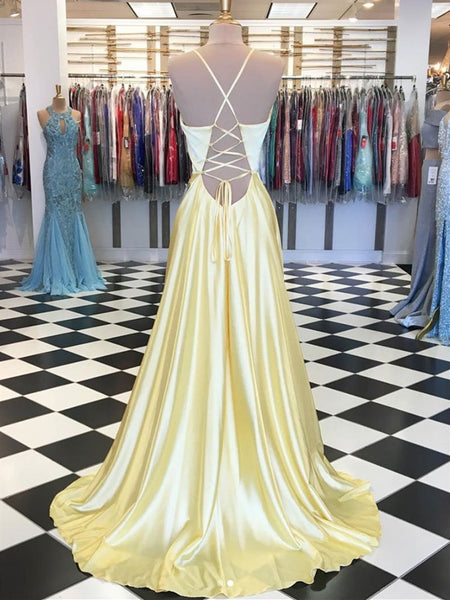 V neck Yellow satin long prom dress, V neck Yellow satin long formal evening dress