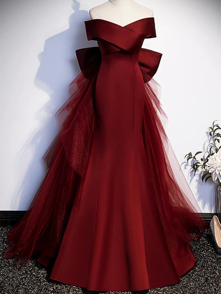 V Neck Burgundy Satin Long Prom Dresses with Bow,  Off Shoulder Mermaid Burgundy Formal Evening Dresses