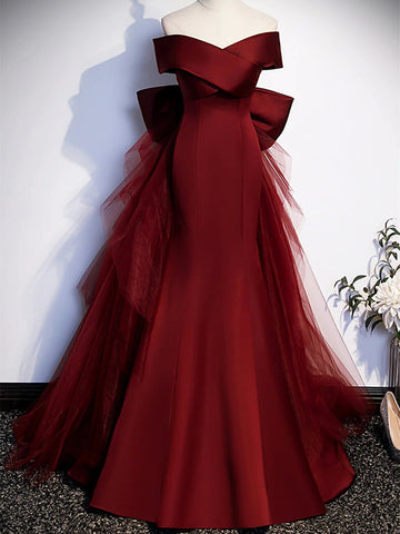 V Neck Burgundy Satin Long Prom Dresses with Bow,  Off Shoulder Mermaid Burgundy Formal Evening Dresses