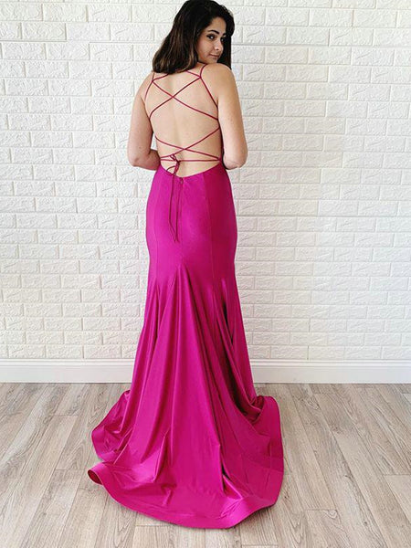 V-Neck Pink Mermaid Backless Long Prom Dresses , Mermaid Backless Formal Evening Dresses