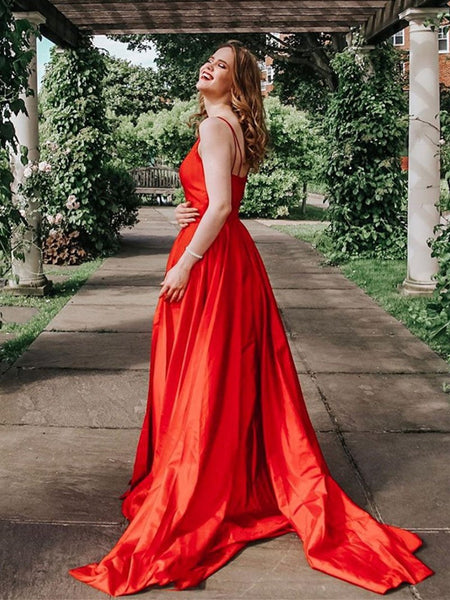 V Neck Red Satin Long Prom Dress With Leg Slit, V Neck Red Satin Long Formal Evening Dress