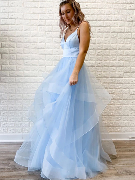 Cute V Neck Blue Pink Tulle Long Prom Dresses,  V Neck Blue Pink Formal Evening Dresses