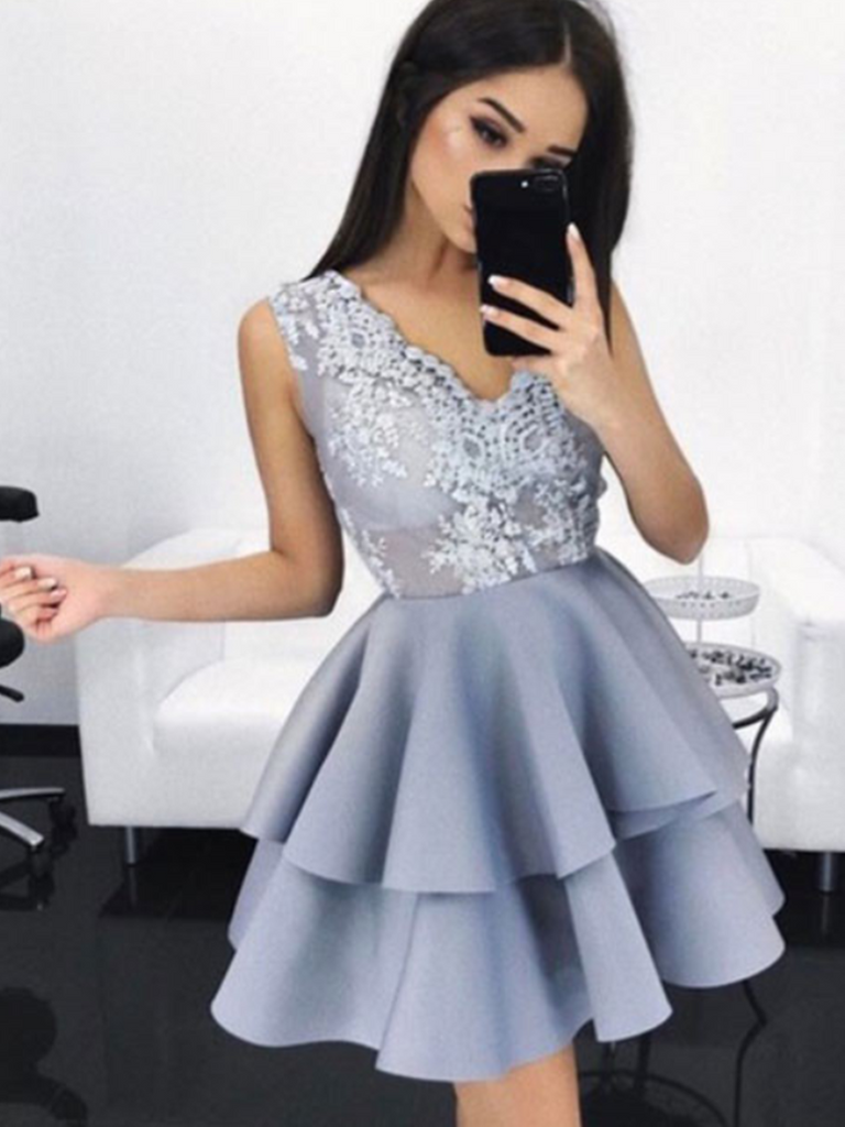 A Line Gray V Neck Lace Short Prom Dress, Gray V Neck Lace Short Homecoming Dress