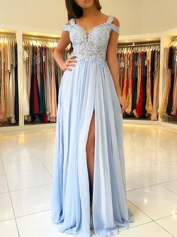 Light Blue Off Shoulder Lace Long Prom Dresses with Split, Light Blue Lace Graduation Formal Evening Dresses