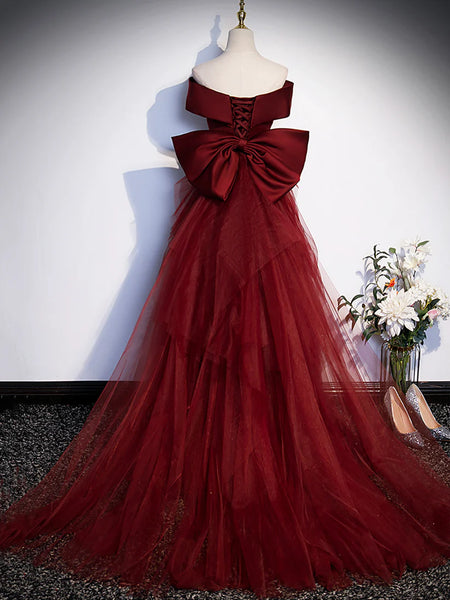 V Neck Burgundy Satin Long Prom Dresses with Bow,  Off Shoulder Mermaid Burgundy Formal Evening Dresses