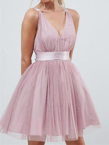 V Neck Short Tulle Prom Dresses, Short Formal Homecoming Graduation Dresses  