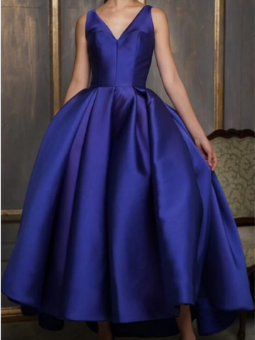 Asymmetrical Ankle Length Satin Prom Gown, V Neck Royal Blue Evening Dress, Party Dress