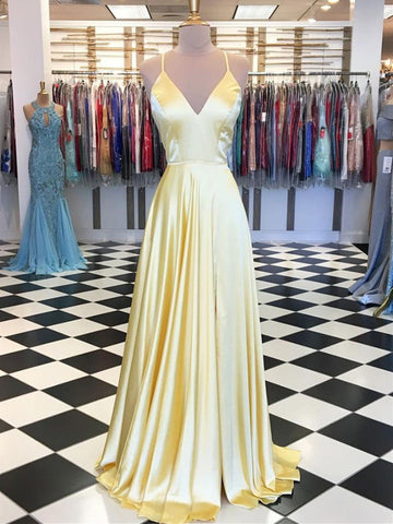 V neck Yellow satin long prom dress, V neck Yellow satin long formal evening dress