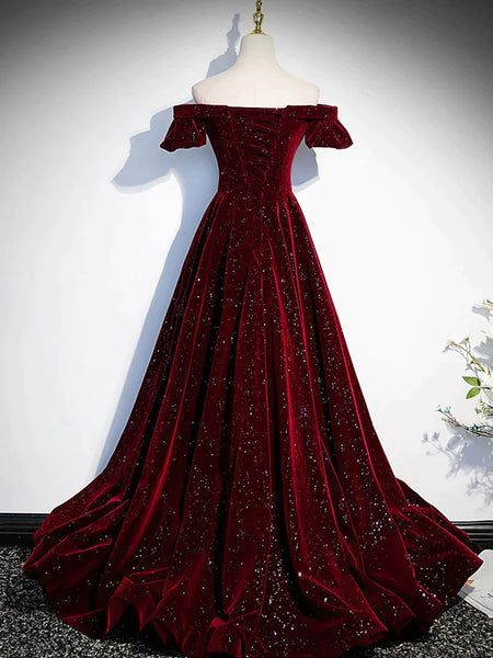 Shiny Off the Shoulder Burgundy Long Prom Dresses, Wine Red Long Formal Evening Dresses