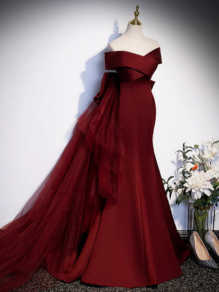 V Neck Burgundy Satin Long Prom Dresses with Bow,  Off Shoulder Mermaid Burgundy Formal Evening Dresses