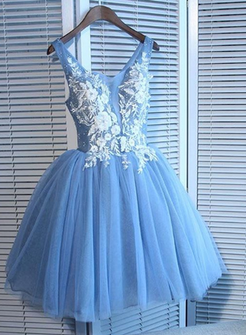 Cute Blue Lace Short Prom Dress, Blue Homecoming Dress