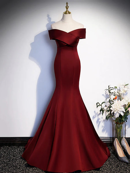 V Neck Burgundy Satin Long Prom Dresses with Bow,  Off Shoulder Mermaid Burgundy Formal Evening Dresses