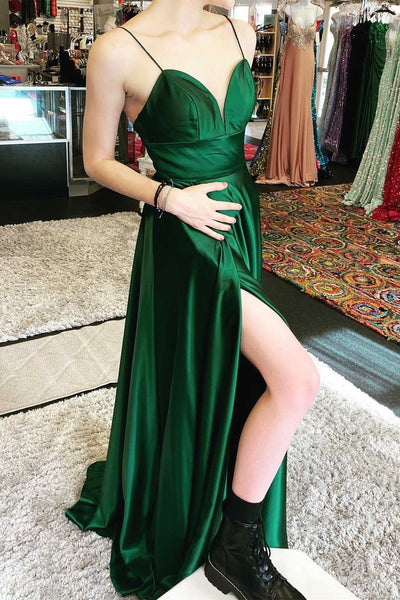 A Line V Neck Empire Waist Green Prom Dress with Slit, Green Long Formal Evening Dress