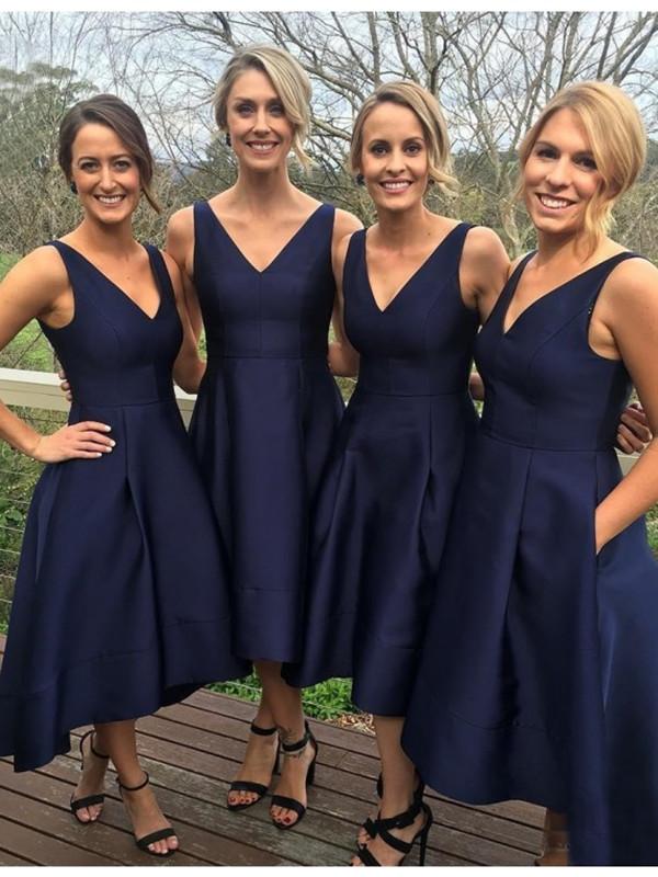 Dark Blue A Line V Neck High Low Prom Dress, Navy Blue Graduation Dress, Homecoming Dress, Bridesmaid Dress