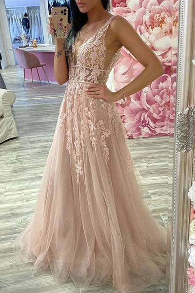 A Line V Neck Pink Lace Long Prom Dresses, Pink Lace Formal Dresses, Pink Evening Dresses