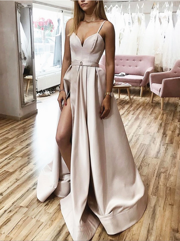 A Line V Neck Champagne Long Prom Dresses,  Champagne Long Formal Graduation Evening Dresses