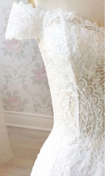 White Lace Off Shoulder Long Prom Dresses, White Lace Off The Shoulder Formal Evening Dresses