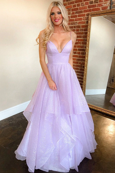 A Line V Neck Purple Tulle Long Prom Dresses, A Line V Neck Purple Tulle Long Formal Evening Dresses