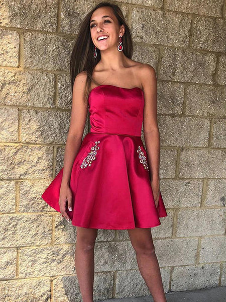 Strapless Short Burgundy Prom Dresses, Short Burgundy Formal Homecoming Dresses