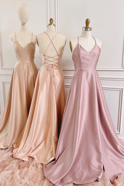 Simple A Line V Neck Satin Long Prom Evening Dresses