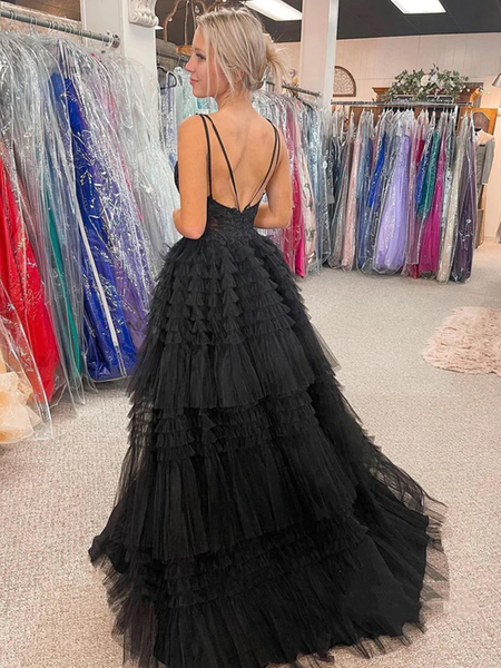 V Neck Backless High Low Beaded Black Lace Long Prom Dresses, Backless Black Formal Dresses, Black Lace Evening Dresses