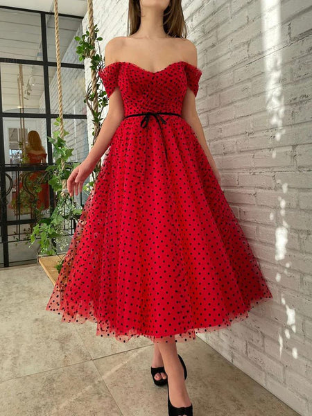 Off the Shoulder Tea Length Red Tulle Prom Dresses, Red Tea Length Formal Homecoming Dresses