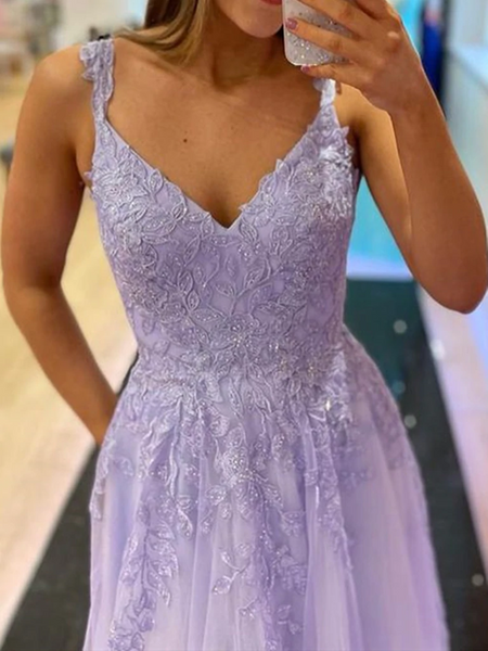 V Neck Purple Lace Prom Dresses, Purple V Neck Lace Formal Graduation Dresses