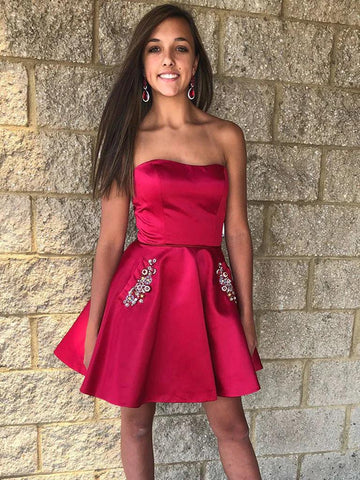 Strapless Short Burgundy Prom Dresses, Short Burgundy Formal Homecoming Dresses