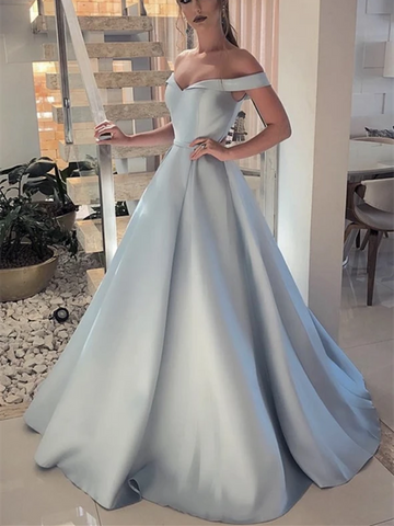 A Line Off Shoulder Satin Long Prom Dresses, A Line Off Shoulder Satin Long Formal Evening Dresses