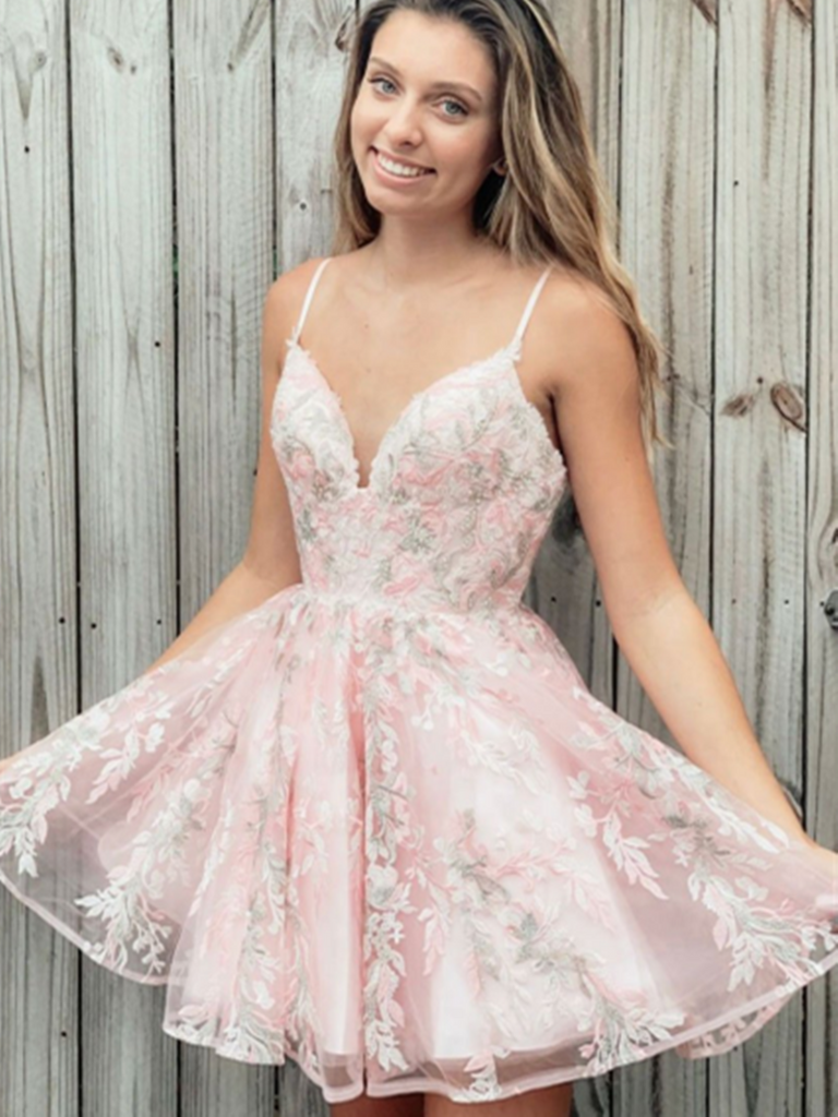 Pink Sweetheart Tulle Lace Short Prom Dress, Pink Homecoming Dress