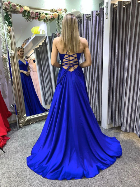 Simple A line V Neck Blue Backless Long Prom Dresses, Blue Long Formal Evening Dresses